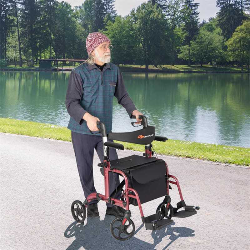 2-in-1 Folding Rollator Walker Wheelchair Combo with Backrest & Adjustable Height, 300lbs Aluminum Mobility Walking Aid for Seniors/Adults