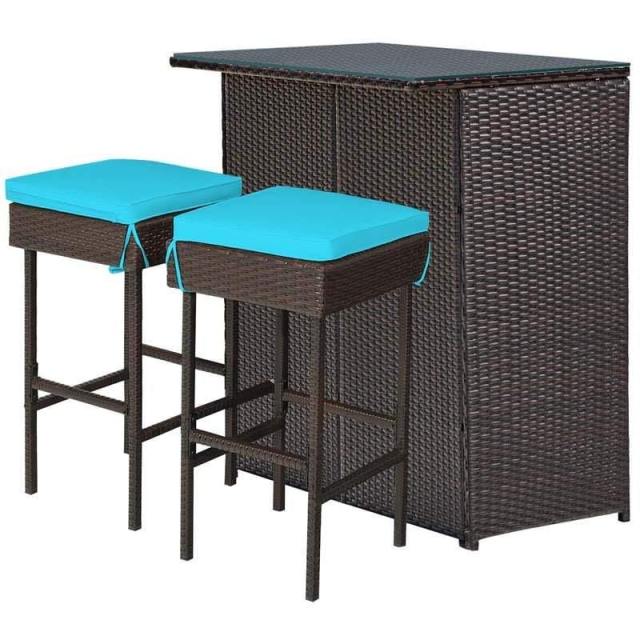 3-Piece Patio Rattan Wicker Bar Table Stool Set with Seat Cushions & Glass Top Table