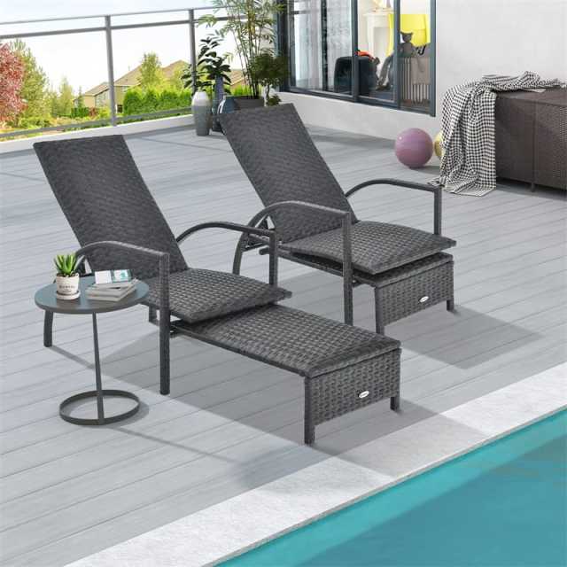 Set of 2 Patio Rattan Chaise Lounge Chair with Retractable Ottoman, 5-Level Adjustable Backrest & Metal Frame, Outdoor Wicker Recliner for Poolside