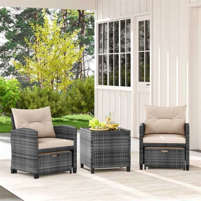 5-Piece Patio Rattan Furniture Set, Wicker Cushioned Chairs with 2 Ottomans & Tempered Glass Coffee Table for Backyard, Lawn, Poolside, Deck