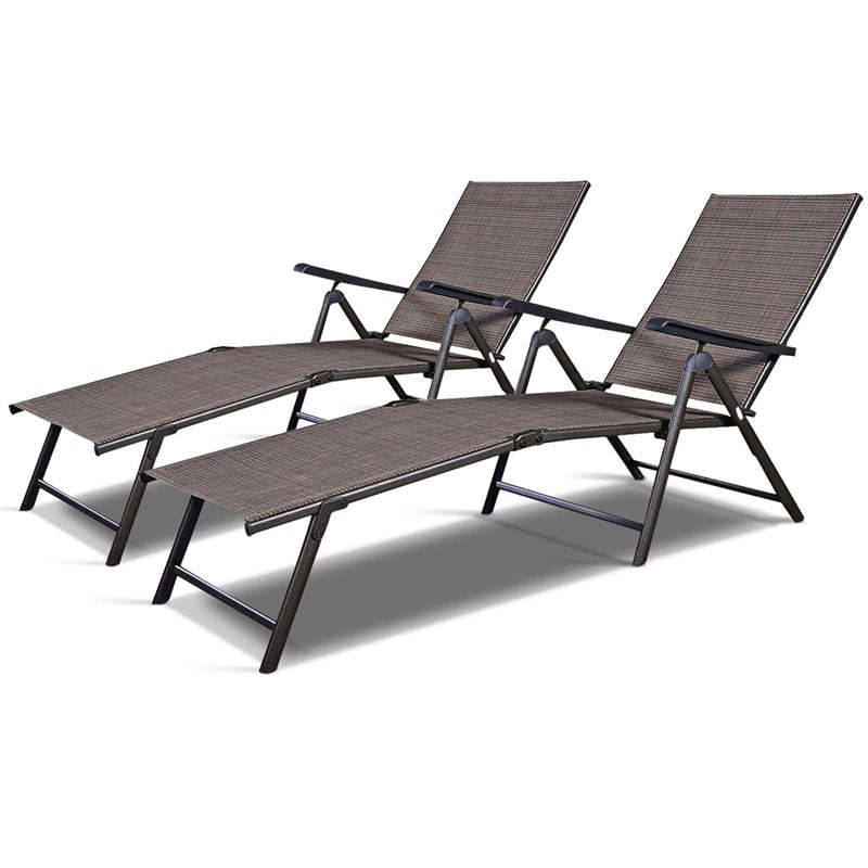 2PCS Outdoor Chaise Lounge Folding Patio Lounge Chairs Steel Fabric Sun Loungers Adjustable Reclining Chairs for Poolside Beach Garden Yard