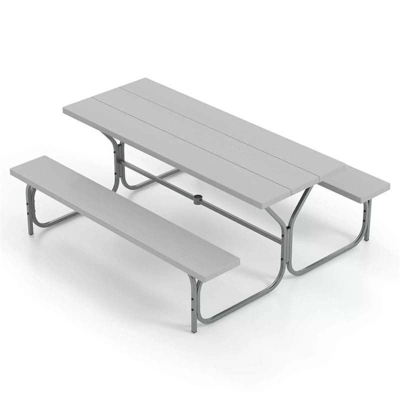 6FT Picnic Table & Bench Set for 8-Person, Heavy Duty Weather-Resistant Outdoor Dining Table with Umbrella Hole HDPE Tabletop & Built-in Benches