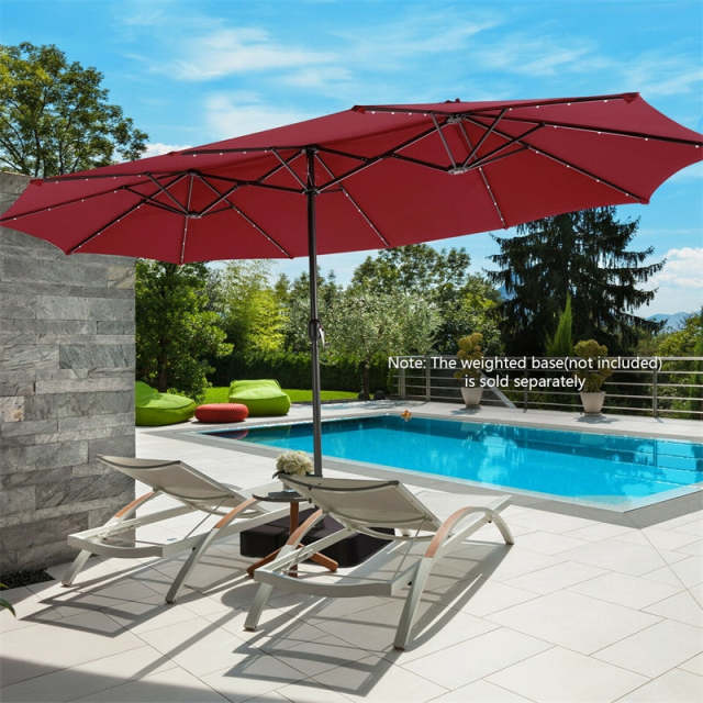 15FT Double-Sided Patio Umbrella with 48 Solar LED Lights & Crank Handle, Extra Large Outdoor Market Umbrella for Poolside, Deck, Backyard