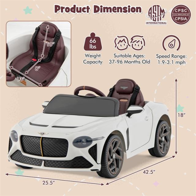 12V Kids Ride-on Car, Licensed Bentley Bacalar Electric Vehicle with Remote Control, LED Lights, Wireless Connection & Sound for 3+ Years Old