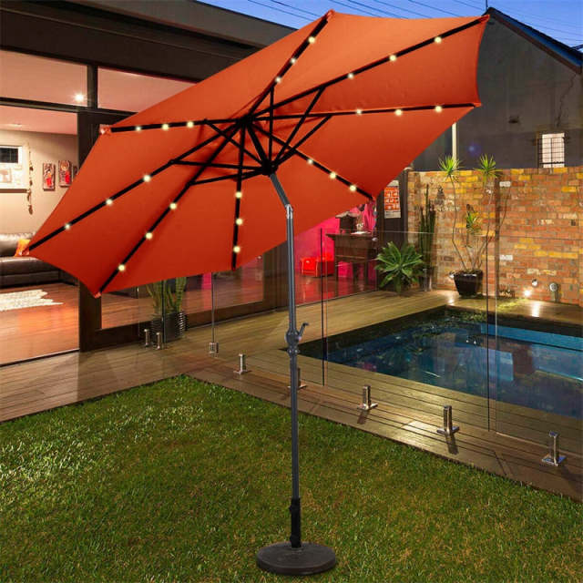 10FT Solar LED Patio Umbrella, Outdoor Steel Market Umbrella with 24 Lights, Crank & Tilt Adjustment for Backyard, Poolside, Garden