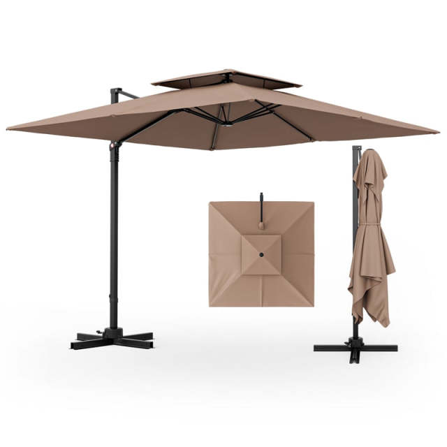 9.5FT Double Top Cantilever Umbrella, Heavy Duty Offset Hanging Patio Umbrella Square Outdoor Umbrella with 360° Rotation & Cross Base