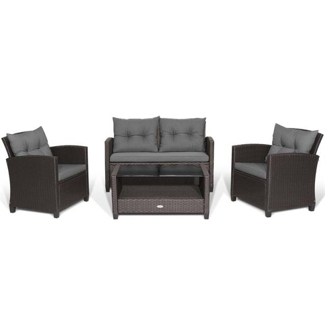 4 Piece Outdoor Rattan Furniture Set, Patio Conversation Set with Lower Shelf Coffee Table, Loveseat, 2 Cushioned Chairs for Garden Backyard