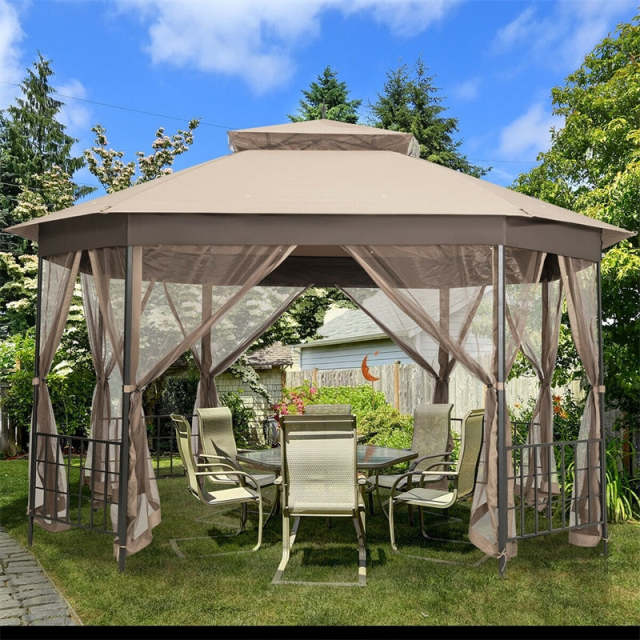 10’ x 12’ Patio Gazebo Canopy Heavy Duty Octagon Outdoor Gazebo with Netting Sidewalls & 2-Tier Ventilated Roof