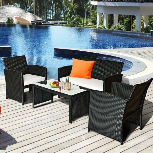 4-Piece Rattan Patio Furniture Set, Weather-Resistant Outdoor Wicker Conversation Sofa with Cushions & Tempered Glass Table for Backyard