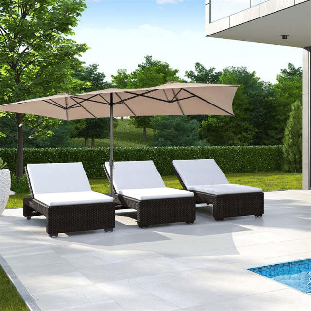 15FT Double-Sided Patio Umbrella with Crank Handle, Vented Top, 10-Rib Metal Frame, Large Twin Market Umbrella for Poolside, Deck, Lawn, Garden