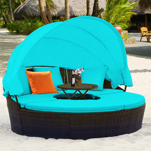 Round Patio Rattan Daybed with Retractable Canopy, Adjustable Coffee Table & Cushions, Outdoor Wicker Sectional Sofa for Poolside, Backyard