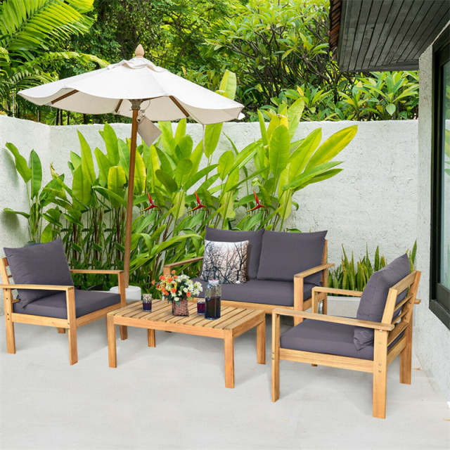 4 Piece Acacia Wood Patio Conversation Set Outdoor Chat Set with Loveseat Chairs & Coffee Table