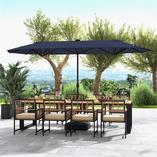13FT Double-sided Patio Umbrella with Base, 36 Solar LED Lights & Crank Handle, Large Twin Table Umbrella for Poolside, Outdoor Dining