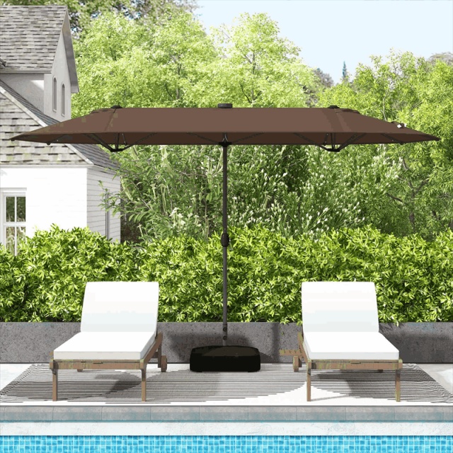 13FT Double-sided Patio Umbrella with Base, 36 Solar LED Lights & Crank Handle, Large Twin Table Umbrella for Poolside, Outdoor Dining