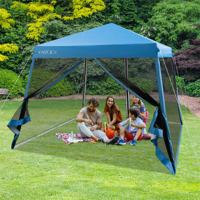 10x10FT Slant Leg Pop-Up Canopy with Mesh Sidewalls & Roller Bag, Foldable Outdoor Instant Setup Canopy Tent for Patio, Camping, Beach Events