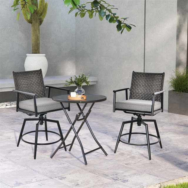 Outdoor 360° Swivel Bar Stools Set of 2 with PE Rattan Back, Removable Cushions, Metal Frame Counter Height Bar Chairs for Patio, Deck, Backyard