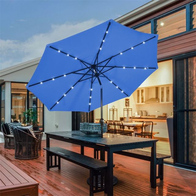 10FT Solar LED Patio Umbrella, Outdoor Steel Market Umbrella with 24 Lights, Crank & Tilt Adjustment for Backyard, Poolside, Garden