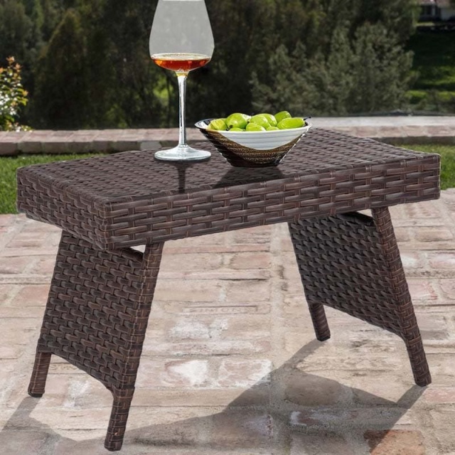 Patio Folding PE Rattan Side Table, Portable Wicker Coffee Table & Bistro Table with Steel Frame for Poolside, Lawn & Outdoor Living