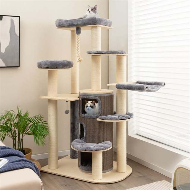 67" Tall Cat Tree, Modern Multi-Level Cat Tower with 3-Story Condo, 2 Perch, Hammock, Sisal Posts & Hanging Play Rope for Large Indoor Cats 20 lbs
