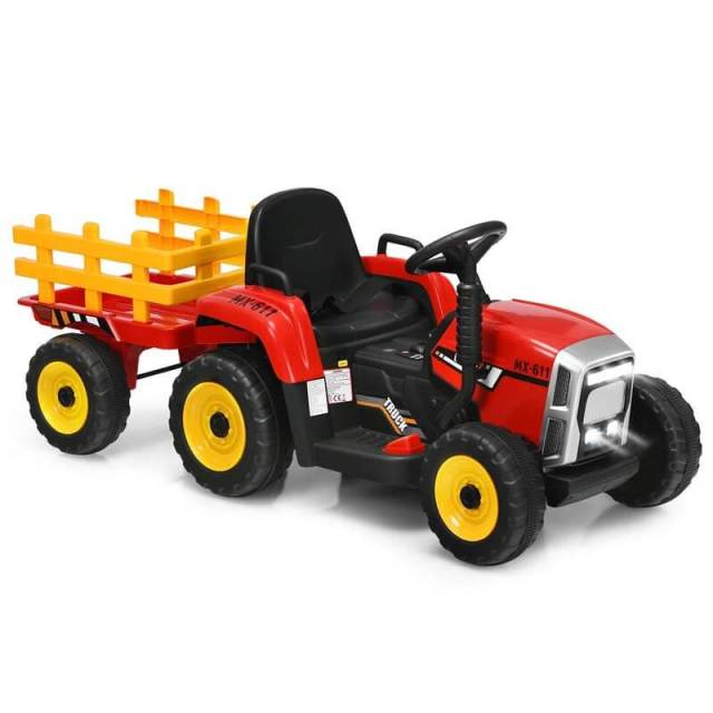 12V Kids Ride-On Tractor with Detachable Trailer, 3-Gear Ground Loader, LED Lights, Remote Control, Battery Powered Tractor Toy for Ages 3+