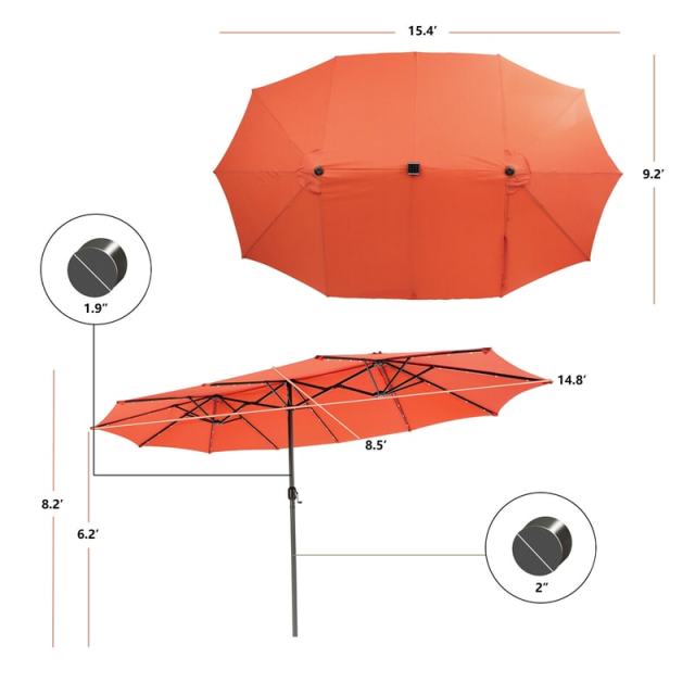 15FT Double-Sided Patio Umbrella with 48 Solar LED Lights & Crank Handle, Extra Large Outdoor Market Umbrella for Poolside, Deck, Backyard