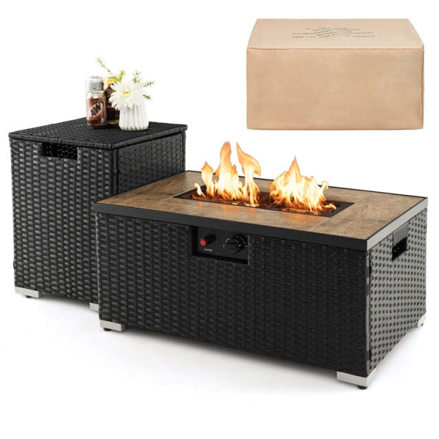 2-Piece Rattan Outdoor Fire Pit Table Set with Hideaway Tank Holder, Lava Rocks & Cover, 40,000BTU Wicker Propane Fire Table for Patio, Backyard