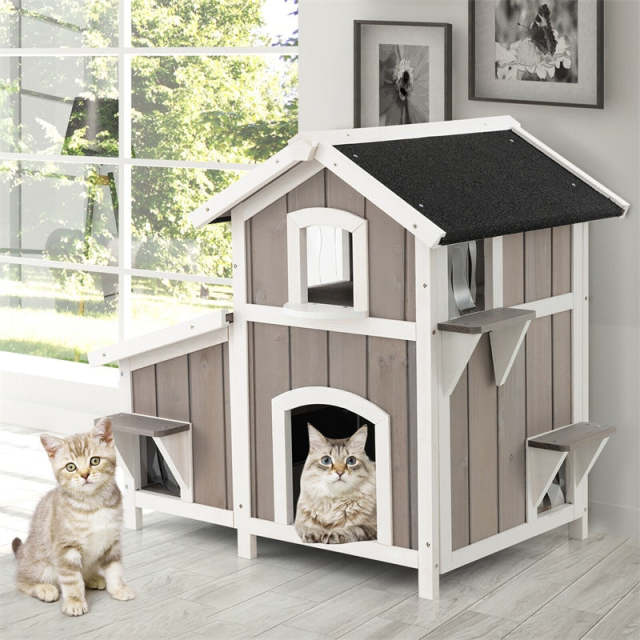 2-Story Outdoor Cat House, Wooden Feral Cat Shelter with Escape Doors, PVC Curtains, Weatherproof Asphalt Roof, Kitty Shelter Condo for Balcony Patio
