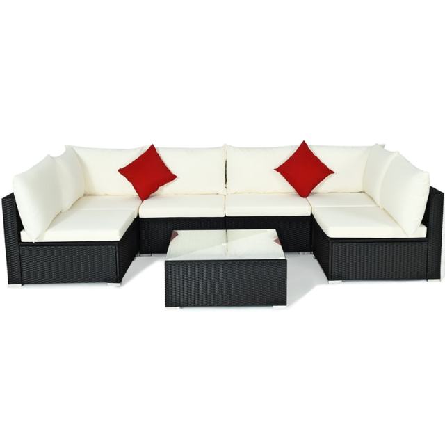 7-Piece PE Rattan Outdoor Sectional Sofa with Tempered Glass Top Table & Cushions, Wicker Patio Furniture Set for Garden Poolside Balcony