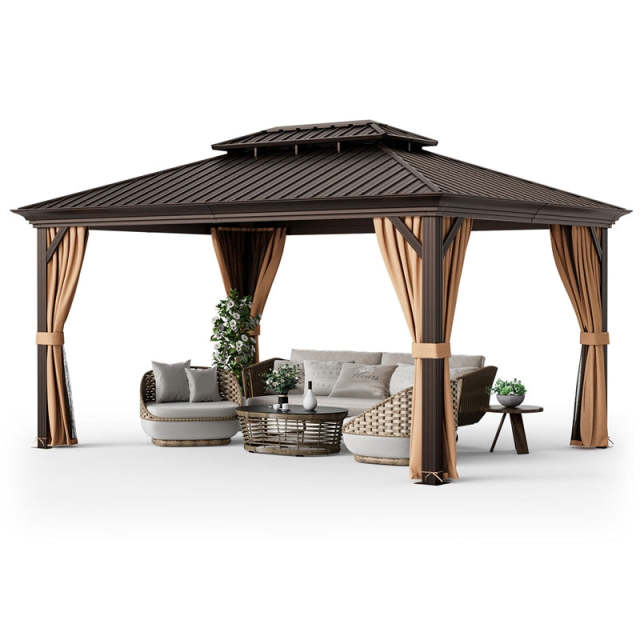 12' x 16' Double-Roof Hardtop Gazebo with Galvanized Steel Roof, Curtains & Netting, Aluminum Outdoor Permanent Gazebo Pavilion for Backyard Patio