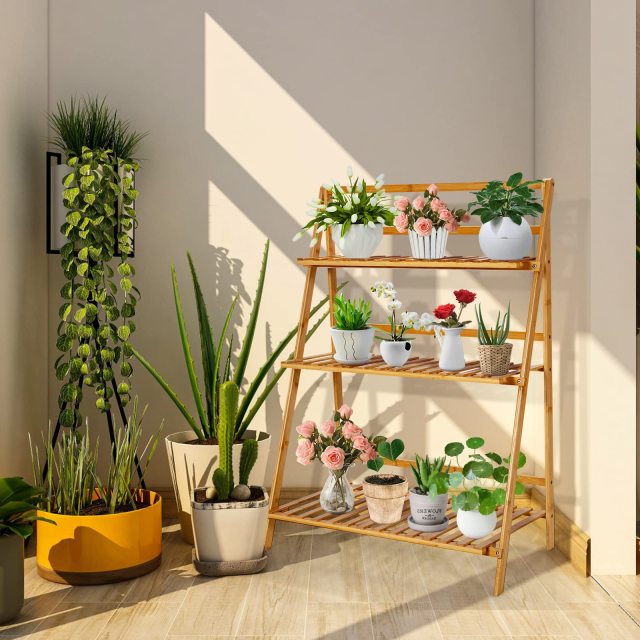 Bamboo Ladder Shelf Foldable Multifunctional Plant Flower Display Stand Storage Rack Bookcase Bookshelf