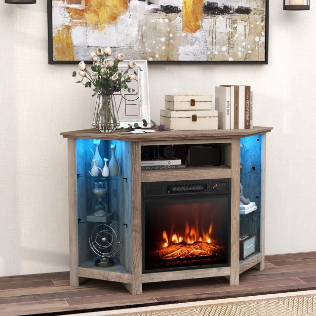 Corner Fireplace TV Stand with LED Lights for TVs up to 50”, Modern Entertainment Center with Electric Fireplace