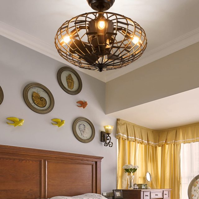 Caged Ceiling Fan with Light, Enclosed Ceiling Fan with 5 Blades, 3 Wind Speed (Black)