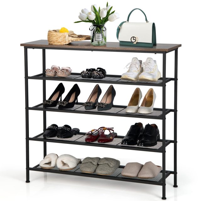 5-Tier Free Standing Shoe Storage Organizer with Wooden Top 4 Metal Mesh Shelves for 16-20 Pairs Shoes