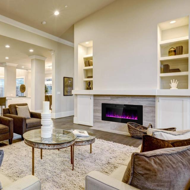 42 Inch Electric Fireplace Recessed and Wall Mounted, Fireplace Heater in-Wall Built with Remote Control, Timer, Touch Screen, Adjustable Color