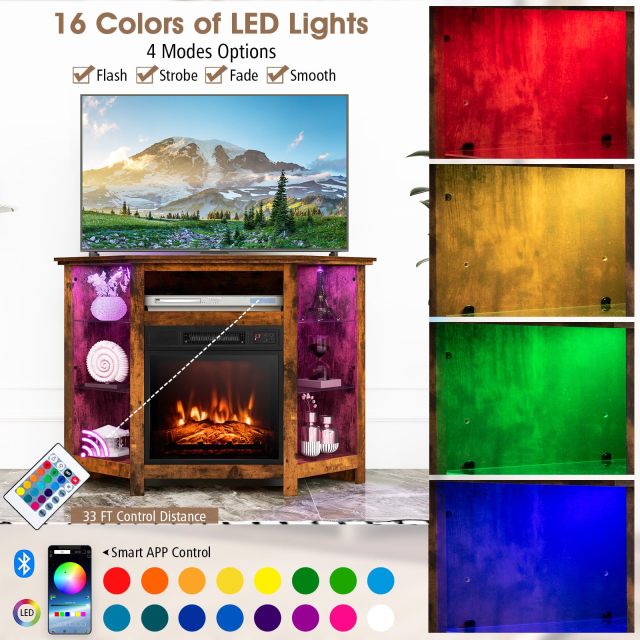 Corner Fireplace TV Stand with LED Lights for TVs up to 50”, Modern Entertainment Center with Electric Fireplace