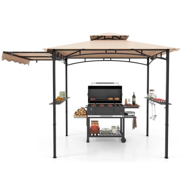 10.5x5FT Outdoor Grill Gazebo, 2-Tier Top Canopy Barbecue Gazebo with Side Awning, 2 Shelves & Hanging Hooks for Backyard, Garden & Poolside