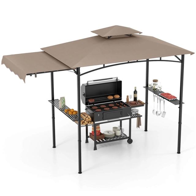10.5x5FT Outdoor Grill Gazebo, 2-Tier Top Canopy Barbecue Gazebo with Side Awning, 2 Shelves & Hanging Hooks for Backyard, Garden & Poolside