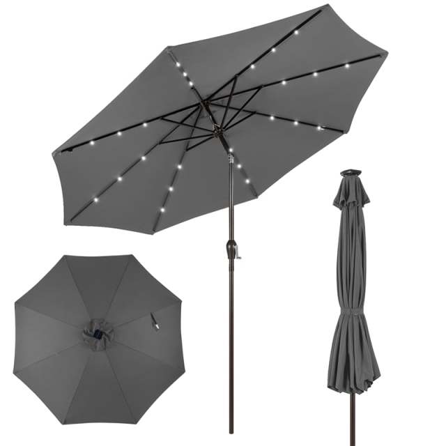 10FT Solar LED Patio Umbrella, Outdoor Steel Market Umbrella with 24 Lights, Crank & Tilt Adjustment for Backyard, Poolside, Garden