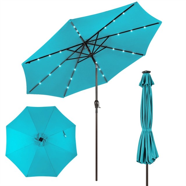 10FT Solar LED Patio Umbrella, Outdoor Steel Market Umbrella with 24 Lights, Crank & Tilt Adjustment for Backyard, Poolside, Garden