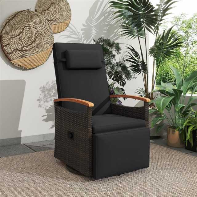 Outdoor 360° Swivel Rattan Recliner Chair with Adjustable Backrest & Footrest, Patio Wicker Chaise Lounge Chair with Flip Side Table & Cushion
