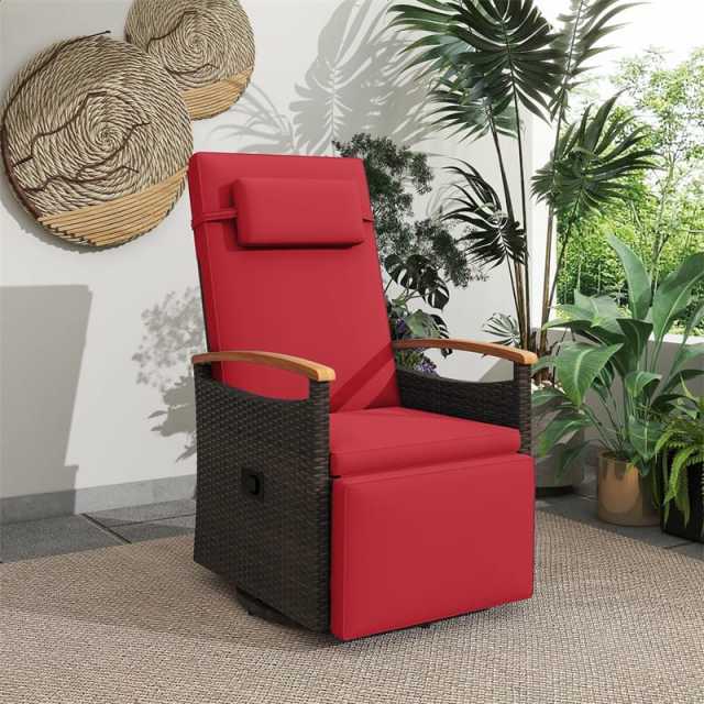 Outdoor 360° Swivel Rattan Recliner Chair with Adjustable Backrest & Footrest, Patio Wicker Chaise Lounge Chair with Flip Side Table & Cushion