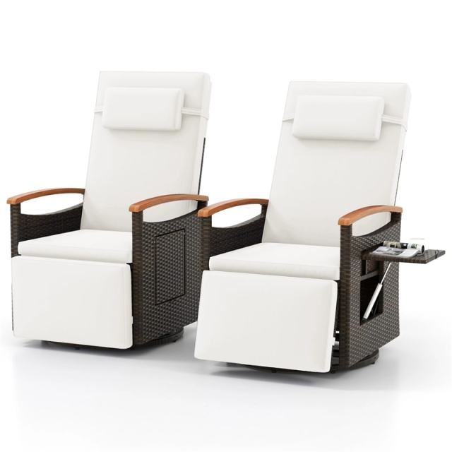 2PCS Outdoor 360° Swivel Rattan Recliner Chair, Patio Wicker Chaise Lounge Chair with Flip Side Table, Cushion, Adjustable Backrest & Footrest