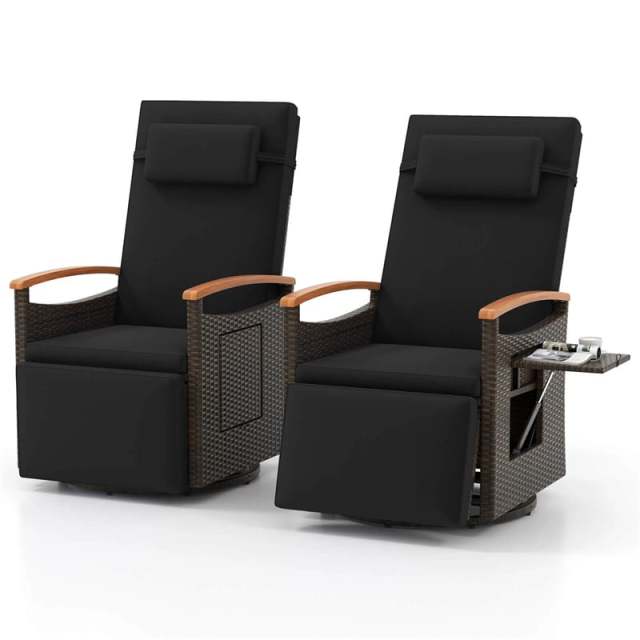 2PCS Outdoor 360° Swivel Rattan Recliner Chair, Patio Wicker Chaise Lounge Chair with Flip Side Table, Cushion, Adjustable Backrest & Footrest