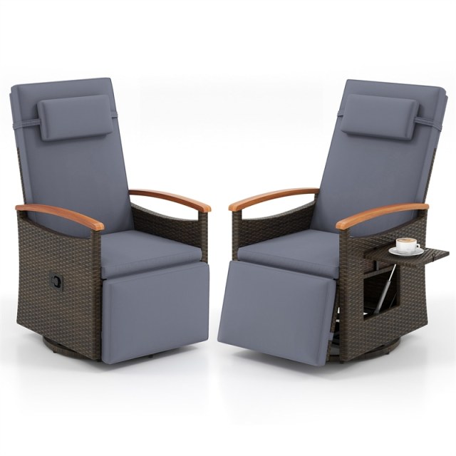 2PCS Outdoor 360° Swivel Rattan Recliner Chair, Patio Wicker Chaise Lounge Chair with Flip Side Table, Cushion, Adjustable Backrest & Footrest