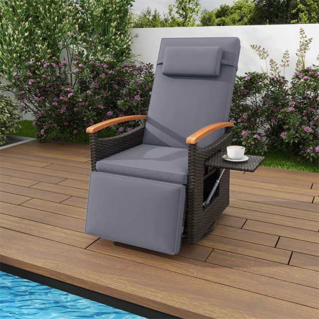 Outdoor 360° Swivel Rattan Recliner Chair with Adjustable Backrest & Footrest, Patio Wicker Chaise Lounge Chair with Flip Side Table & Cushion