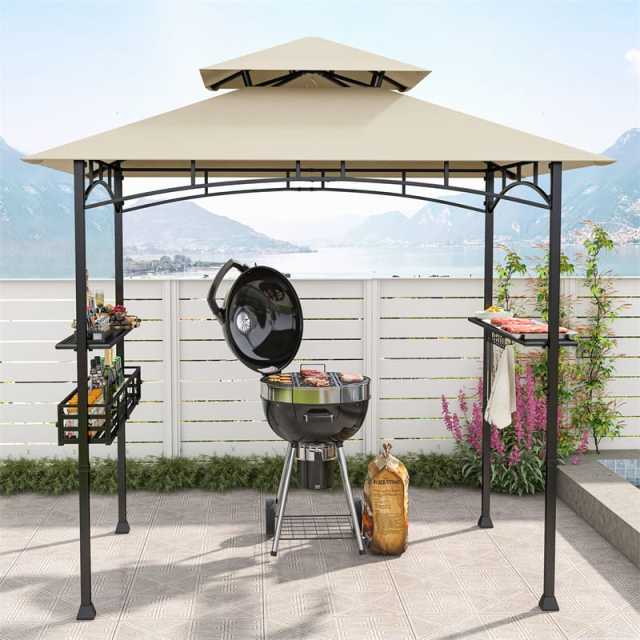 8x5 FT Grill Gazebo, 2-Tier Canopy Top Barbecue Gazebo with 2 Shelves, Storage, 20 Hanging Hooks & Metal Frame for Backyard, Poolside BBQs