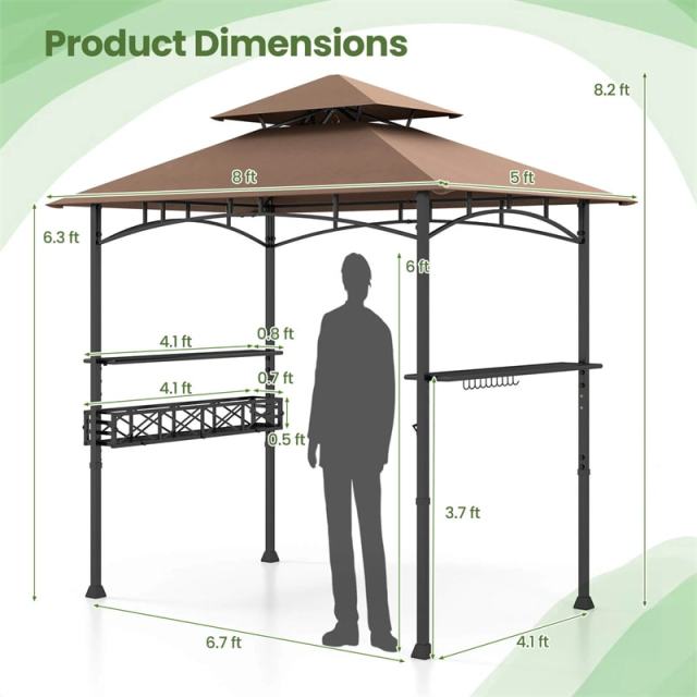 8x5 FT Grill Gazebo, 2-Tier Canopy Top Barbecue Gazebo with 2 Shelves, Storage, 20 Hanging Hooks & Metal Frame for Backyard, Poolside BBQs