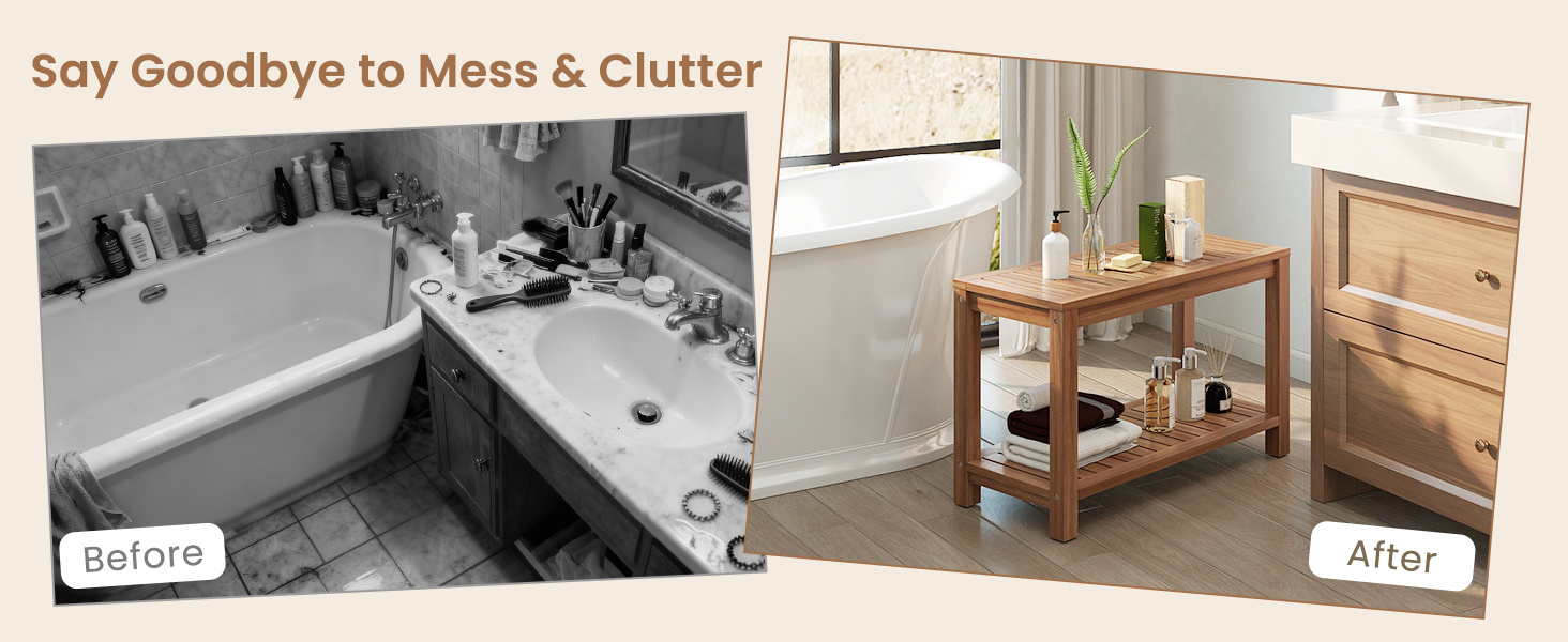 19/24/30 Inch Teak Wood Shower Bench Inside Shower Stool with Storage Shelf