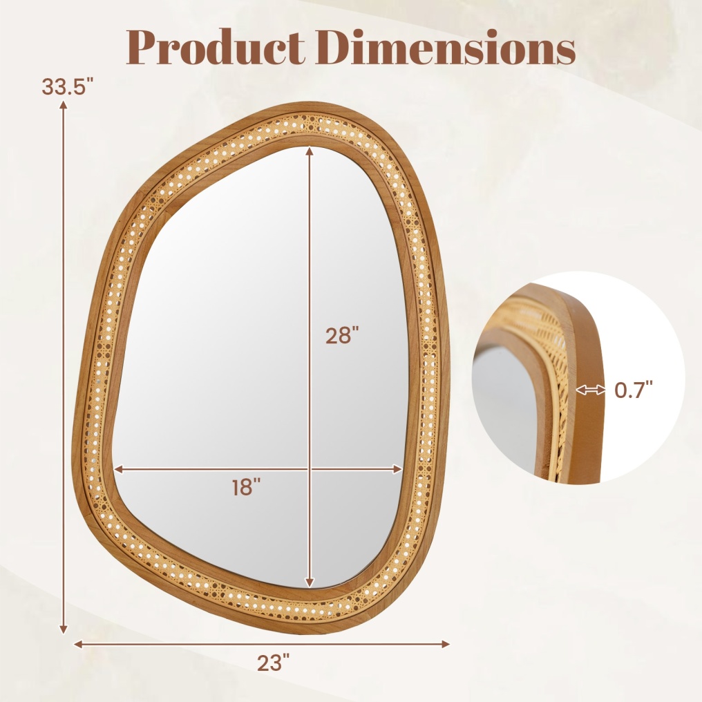 33 Inches x 23.5 Inches Irregular PVC Rattan Wall Mirror with Wooden Frame-Natural
