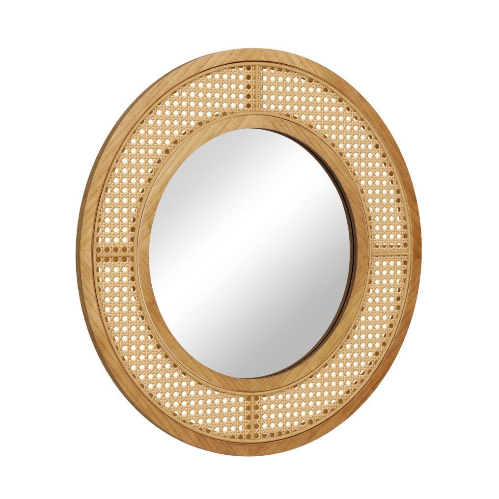 25.5 Inch Bohemian Round Wall Mounted Decorative Mirror with Wooden Frame-Natural